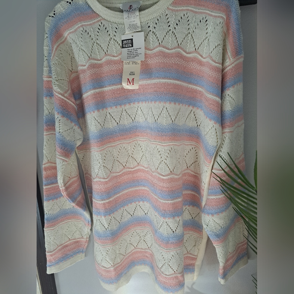 NWT Vintage Cape Cod Sportswear Pastel Pink Green White Metallic Sweater Size M